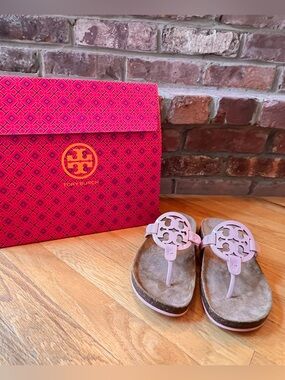 Tory Burch Petunia Pink Patent Leather Miller Cloud Soft Sandals